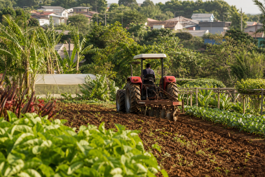 Trator agrícola trabalhando em área de produção rural de Campo Grande, sem textos ou logotipos visíveis